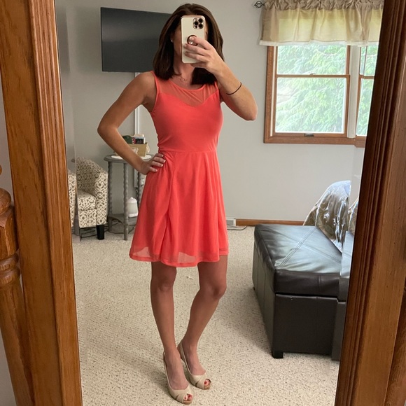 NWT coral colored fit and flare dress with mesh top - Picture 1 of 2